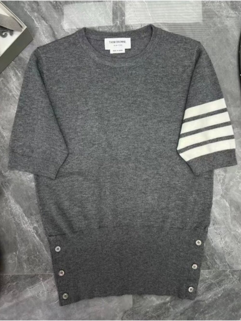 THOM BROWNE Four-Stripe Summer Knit Sweater, Crew Neck, Short Sleeve, Women's